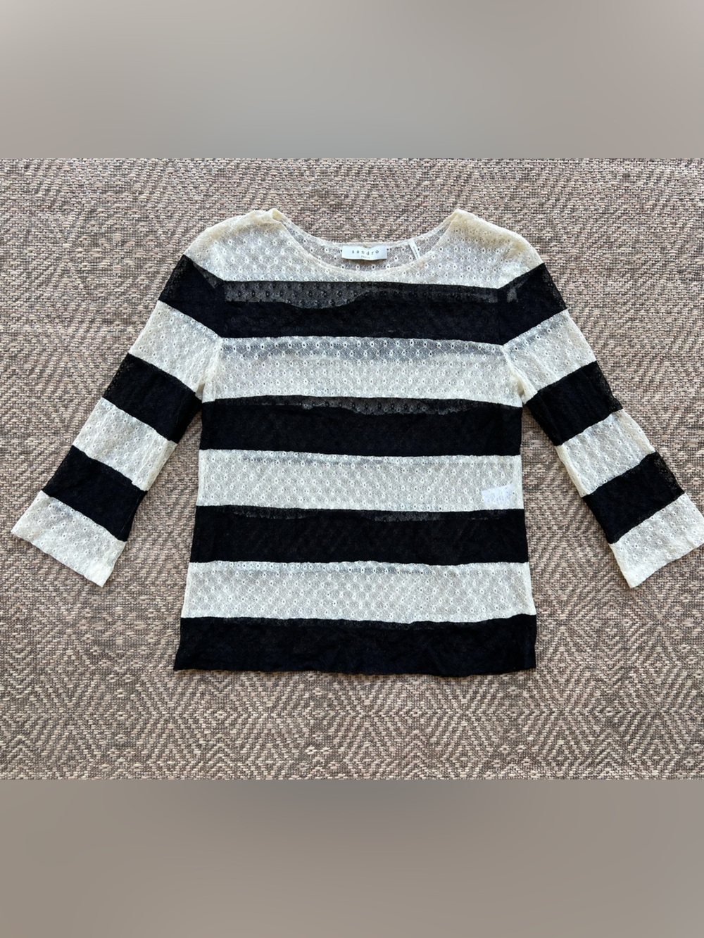 Sandro Paris Lace Stripe Blouse Black Cream Sheer Long Sleeve Size 1 (US S)